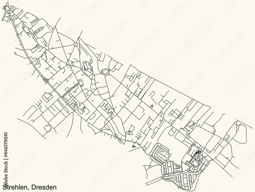 Black simple detailed street roads map on vintage beige background of the neighbourhood Strehlen mit Reick-Nordwest quarter of Dresden, Germany