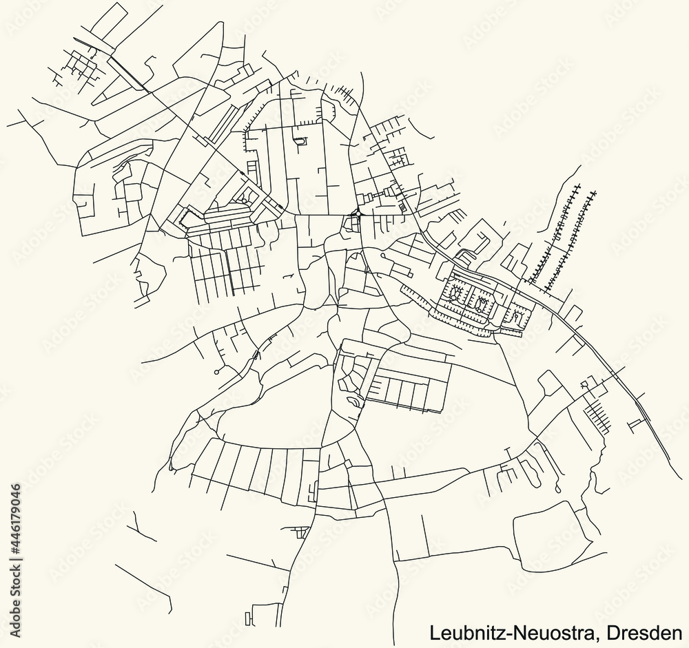 Black simple detailed street roads map on vintage beige background of the neighbourhood Leubnitz-Neuostra mit Torna und Mockritz-Ost quarter of Dresden, Germany