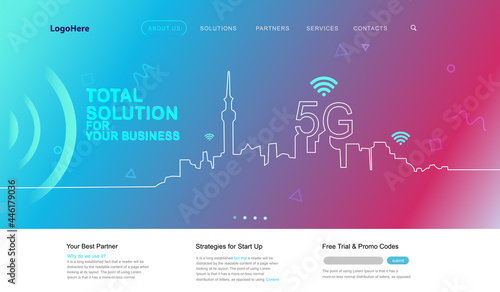 Vector 5G and IoT (Internet of Things) landing page with digital communication future technology images. Website template for internet speed concept or startup business.