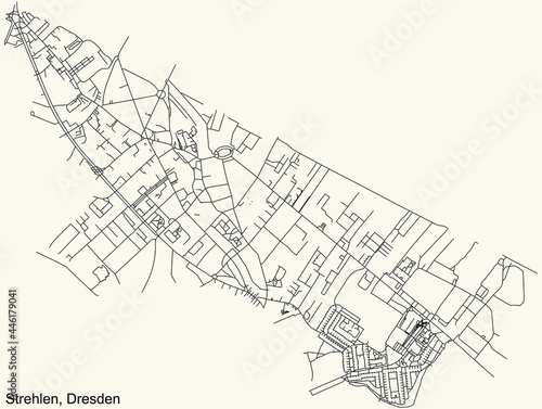 Black simple detailed street roads map on vintage beige background of the neighbourhood Strehlen mit Reick-Nordwest quarter of Dresden, Germany