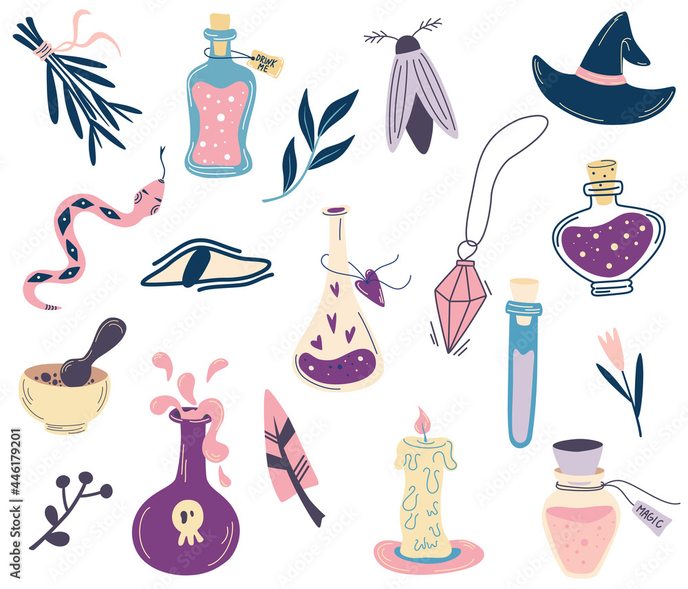 Witchcraft set. Bottles with potion, evil eye, crystal, snake, candle,  moth. Big hand draw Magic esoteric symbols collection. For tattoo, textile,  cards, Halloween decor. Vector cartoon illustration Stock Vector | Adobe  Stock