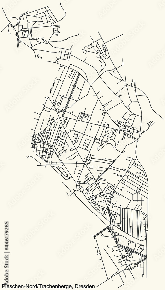 Fototapeta premium Black simple detailed street roads map on vintage beige background of the neighbourhood Pieschen-Nord/Trachenberge mit Leipziger Vorstadt-Nordwes quarter of Dresden, Germany