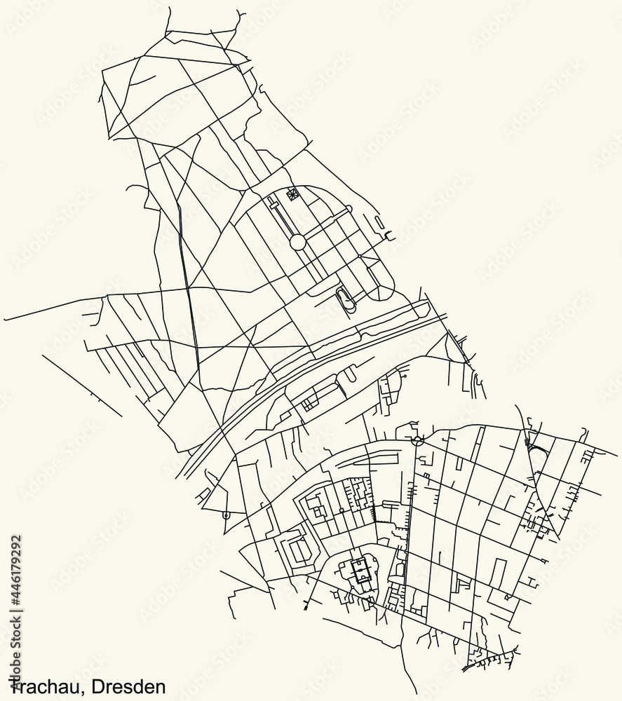 Black simple detailed street roads map on vintage beige background of the neighbourhood Trachau quarter of Dresden, Germany