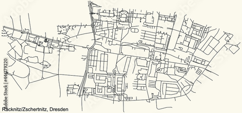 Black simple detailed street roads map on vintage beige background of the neighbourhood Räcknitz/Zschertnitz mit Strehlen-Südwest quarter of Dresden, Germany