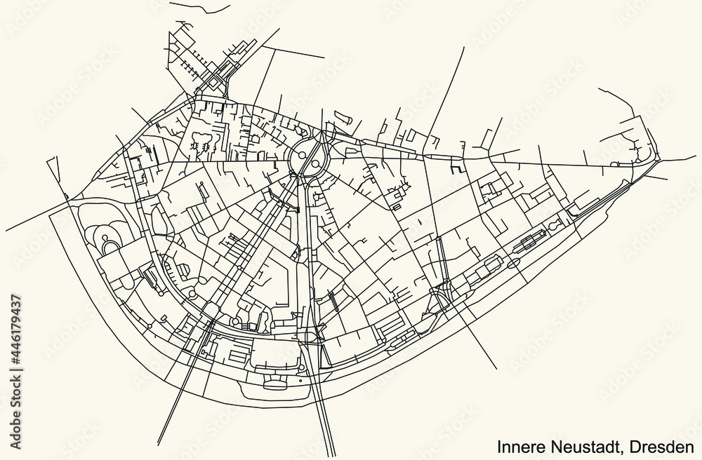 Fototapeta premium Black simple detailed street roads map on vintage beige background of the neighbourhood Innere Neustadt quarter of Dresden, Germany