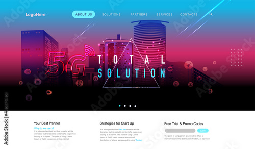 Vector 5G and IoT (Internet of Things) landing page with digital communication future technology images. Website template for internet speed concept or startup business.