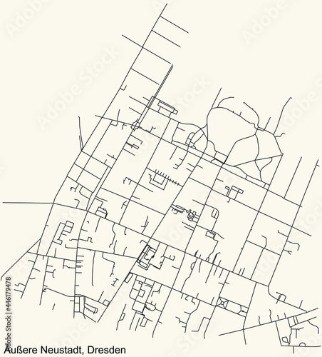 Black simple detailed street roads map on vintage beige background of the neighbourhood Äußere Neustadt quarter of Dresden, Germany