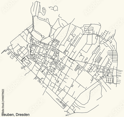 Black simple detailed street roads map on vintage beige background of the neighbourhood Leuben mit Dobritz-Süd und Niedersedlitz-Nord quarter of Dresden, Germany
