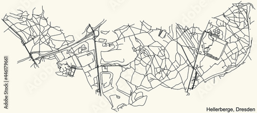 Black simple detailed street roads map on vintage beige background of the neighbourhood Hellerberge quarter of Dresden, Germany