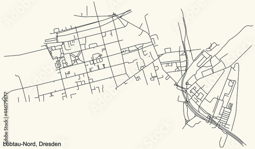Black simple detailed street roads map on vintage beige background of the neighbourhood Löbtau-Nord quarter of Dresden, Germany