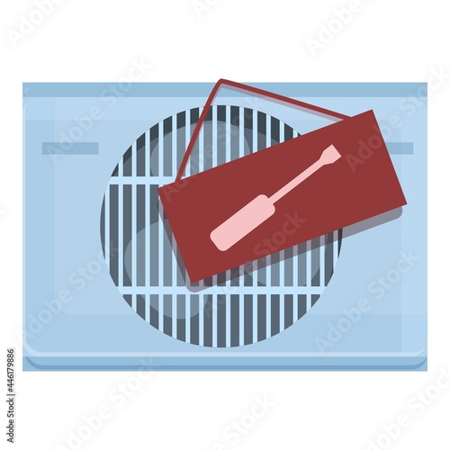 Air conditioner technician icon cartoon vector. Repair service. House building cooling
