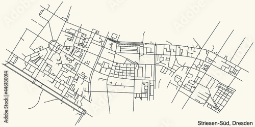 Black simple detailed street roads map on vintage beige background of the neighbourhood Striesen-Süd mit Johannstadt-Südost quarter of Dresden, Germany