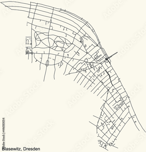 Black simple detailed street roads map on vintage beige background of the neighbourhood Blasewitz mit Neugruna quarter of Dresden, Germany