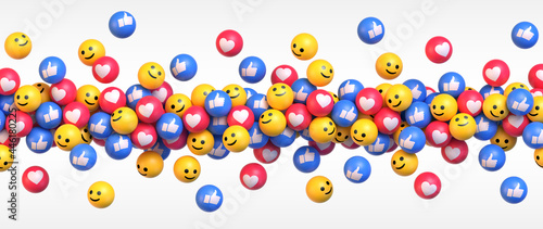 Get More Likes. Many flying blue red and yellow balls with social media icons. Vector illustration
