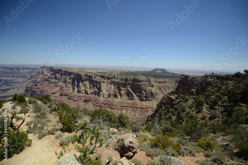 Wide angle view of the Grand Canyon from the south rim on a clear day with blue skies