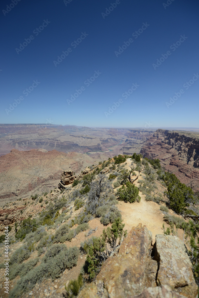 Wide angle view of the south rim of the Grand Canyon on a sunny day with clear blue skies