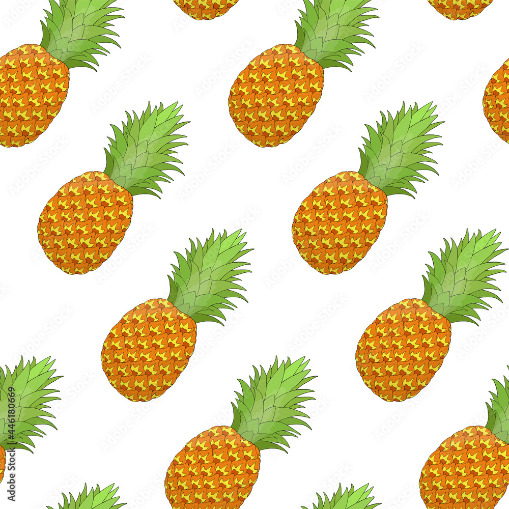 Pineapple seamless pattern on white background. Tropical fruit repeating endless texture. Yummy boundless background. Food surface pattern design. Editable tile for textile, stationery, wrapping paper Pineapple seamless pattern on white background. Tropical fruit repeating endless texture. Yummy boundless background. Food surface pattern design. Editable tile for textile, stationery, wrapping paper