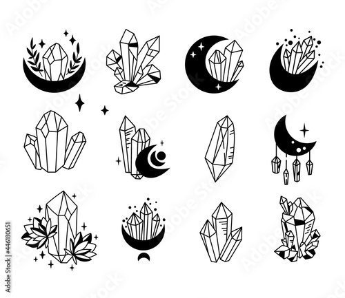 Crystals or gemstones and moon cliparts bundle, lunar celestial gem collection, jewelry stone or diamond, mystical esoteric black and white line isolated objects - vector illustration