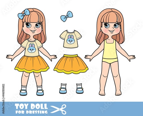 Cartoon girl with long straight hair in underwear, dressed and clothes separately - beige T-shirt, orange skirt and sandals doll for dressing
