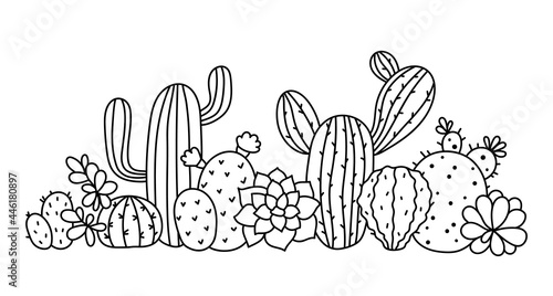 Cactus and succulent floral border clipart, Cactus composition isolated items on white background, black and white line botanical decorative element - vector illustration