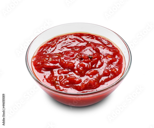 Bowl of tasty salsa sauce on white background