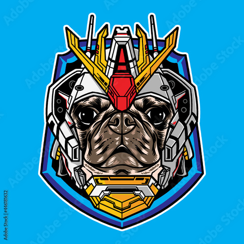 Pug dog head vector illustration with cyberpunk robot style isolated on background