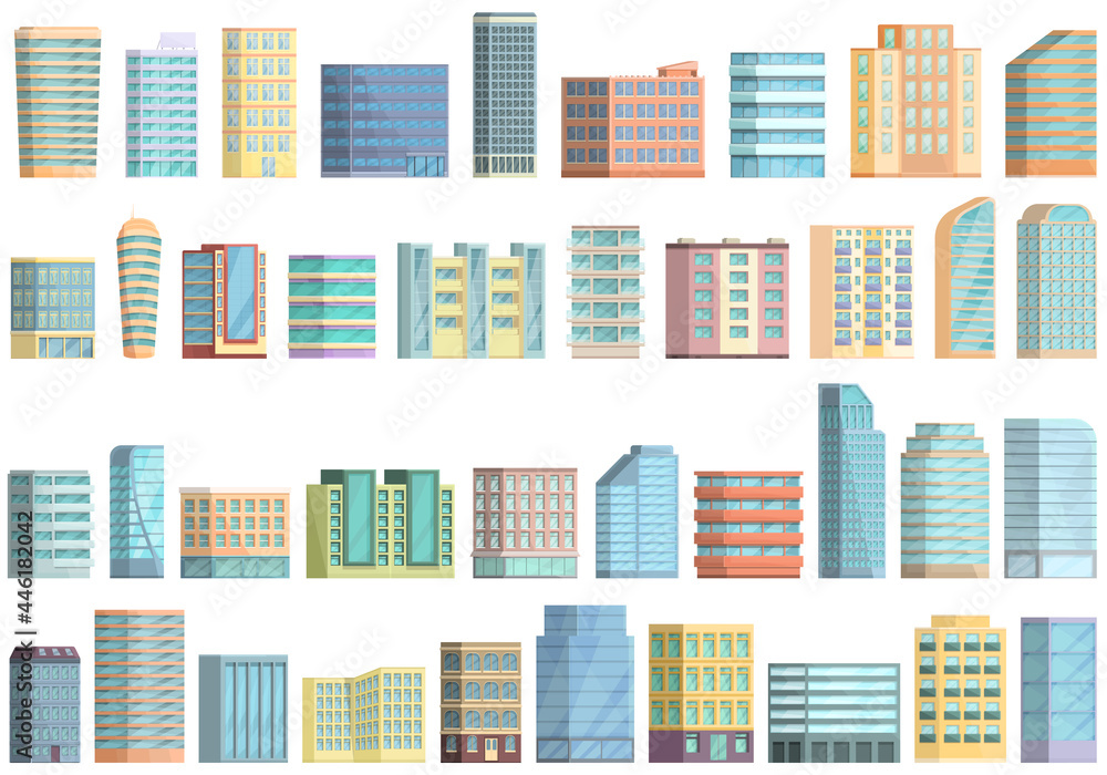 Multistory building icons set cartoon vector. Interior architecture. House design