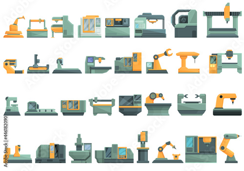 Cnc machine icons set cartoon vector. Mill controller. Industrial tool
