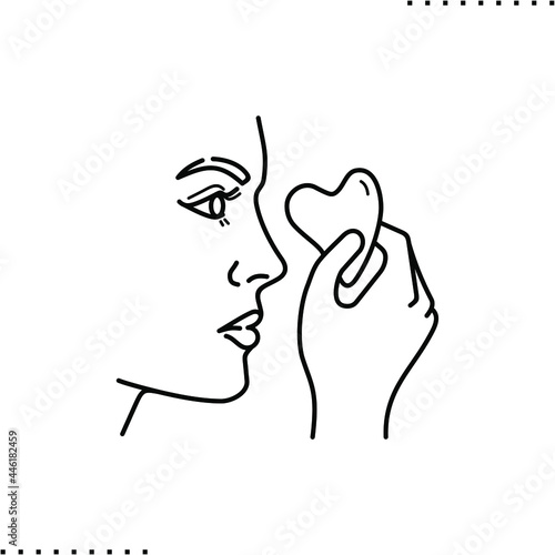 Face lifting with jade stone gua sha, beauty procedure vector icon in outline