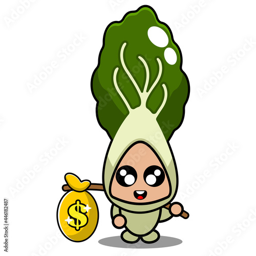 vector cartoon cute bok choy vegetable mascot character carrying a coin bag