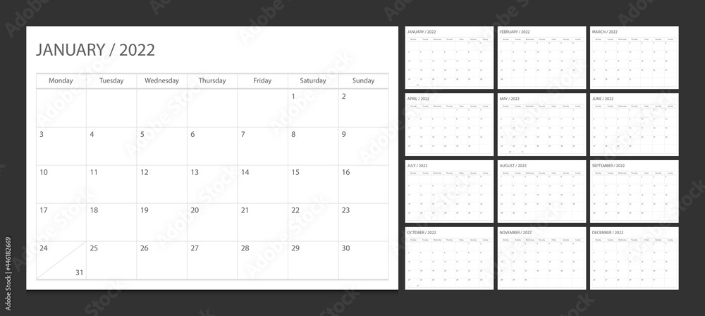 Calendar 2022 week start Monday corporate design planner template.
