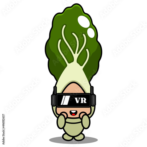 vector cartoon character cute bok choy vegetable mascot playing virtual reality