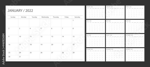 Calendar 2022 week start Sunday corporate design planner template.