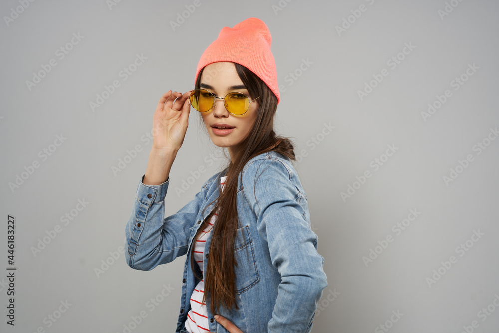 pretty woman yellow glasses pink hat studio fashion trend pretty woman yellow glasses pink hat studio fashion trend