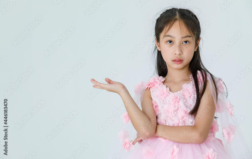 Portrait isolated studio shot of little Asian cute ballerina kid in pink beautiful ballet dress with high heels standing smiling posing elegance gesture in front white background Portrait isolated studio shot of little Asian cute ballerina kid in pink beautiful ballet dress with high heels standing smiling posing elegance gesture in front white background