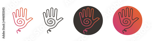 Set of reiki signs. Contour of the palm with a spiral inside. Hand with a sun inside as a symbol of healing. Vector illustration