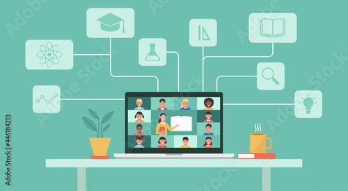 back to school online concept, distance-learning or online education, home school with woman teacher teaching young students on laptop screen with icon, vector flat illustration