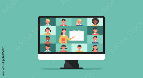 back to school online, distance-learning or online education concept, home school with woman teacher teaching young students via computer screen, vector flat illustration