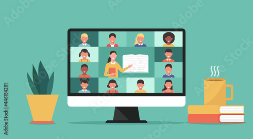 back to school online concept, distance-learning or online education, home school with woman teacher teaching young students via laptop screen, vector flat illustration