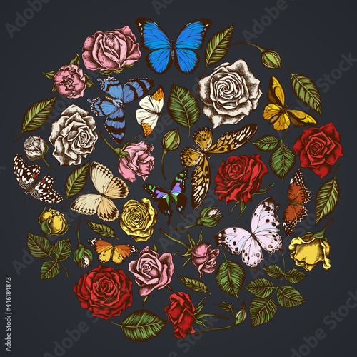 Round floral design on dark background with menelaus blue morpho, lemon butterfly, red lacewing, african giant swallowtail, alcides agathyrsus, wallace s golden birdwing, purple spotted swallowtail photo