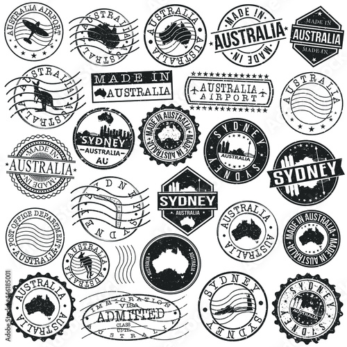 Sydney NSW, Australia Set of Stamp. Vector Art Postal Passport Travel Design. Travel and Business Seals.