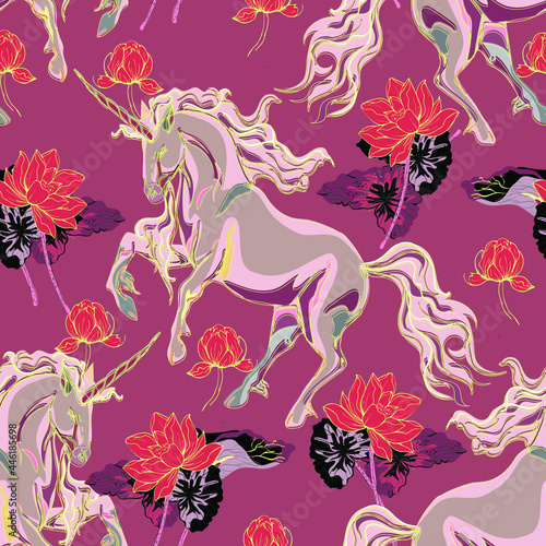 Unicorn and lotus flowers seamless vector pattern.