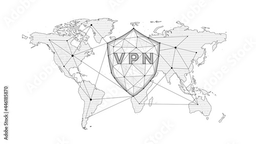 Polygonal vector illustration of the virtual private network, shield with vpn and world map, concept of protecting user data around the world.