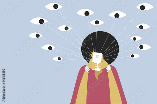 Conceptual illustration of a person's mobile phone is spied by eyes surrounded by it