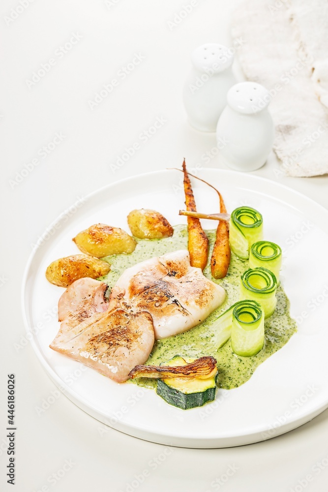 Grilled squid with vegetables. Squid with baby potatoes, zucchini, seasonal vegetables and herbal sauce. Mediterranean Kitchen. Delicious and healthy seafood. Restaurant recipe. Vertical shot