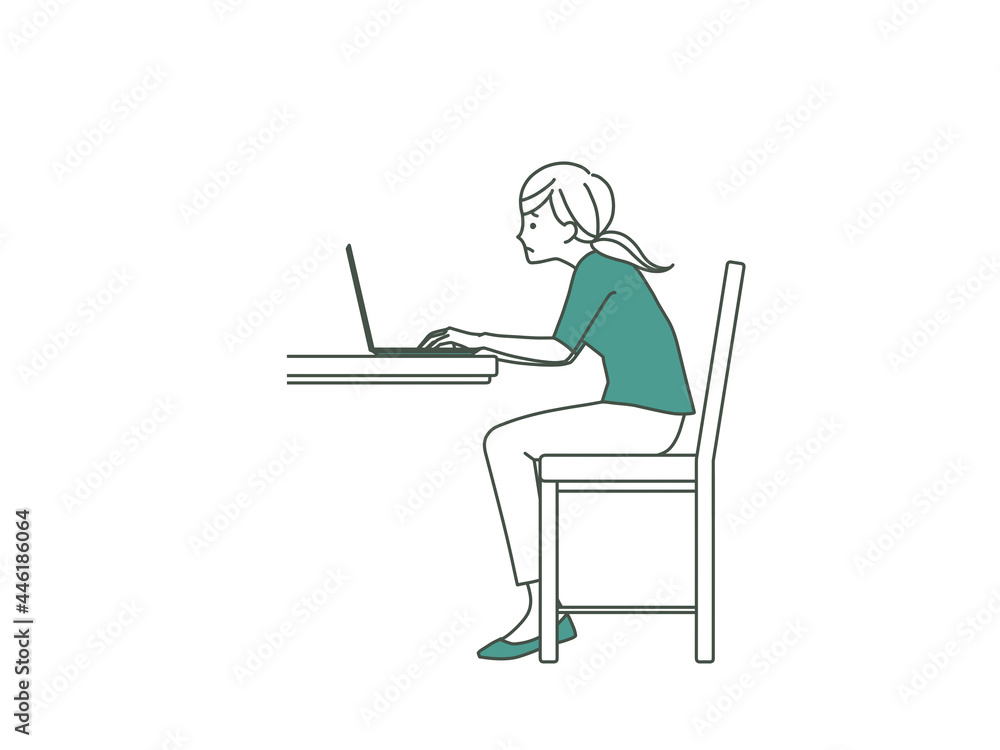 ノートパソコンを使っている猫背の女性-2色