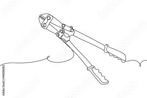 Continuous one line of big heavy duty bolt cutters in silhouette on a white background. Linear stylized.Minimalist.