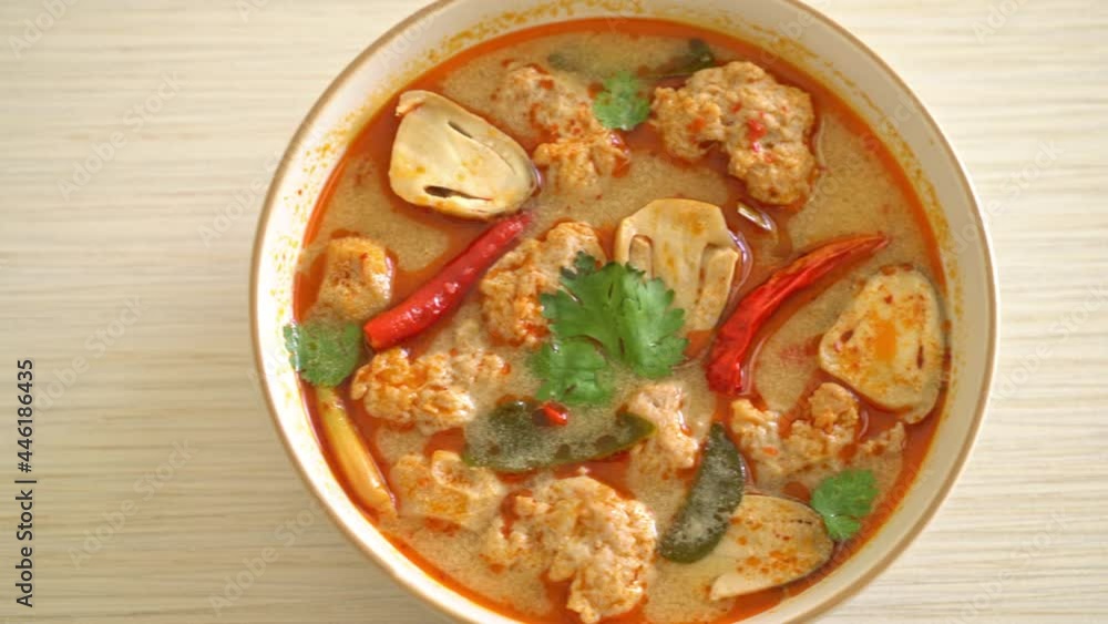 spicy boiled pork soup with mushroom - Tom Yum - Asian food style spicy boiled pork soup with mushroom - Tom Yum - Asian food style