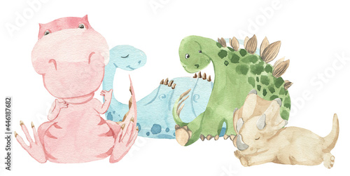 Illustration of cute baby dinosaurs sitting