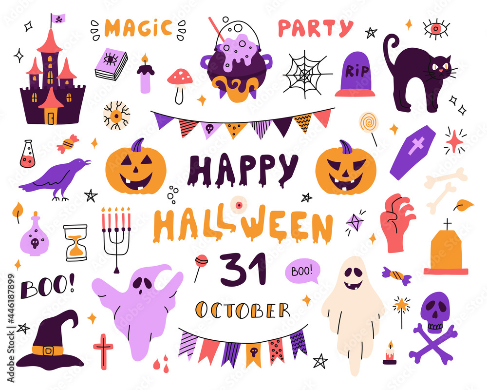 Fototapeta premium Large set with characters and icons for Halloween. Vector flat illustrations on a white background. Decor for posters, flyers, postcards
